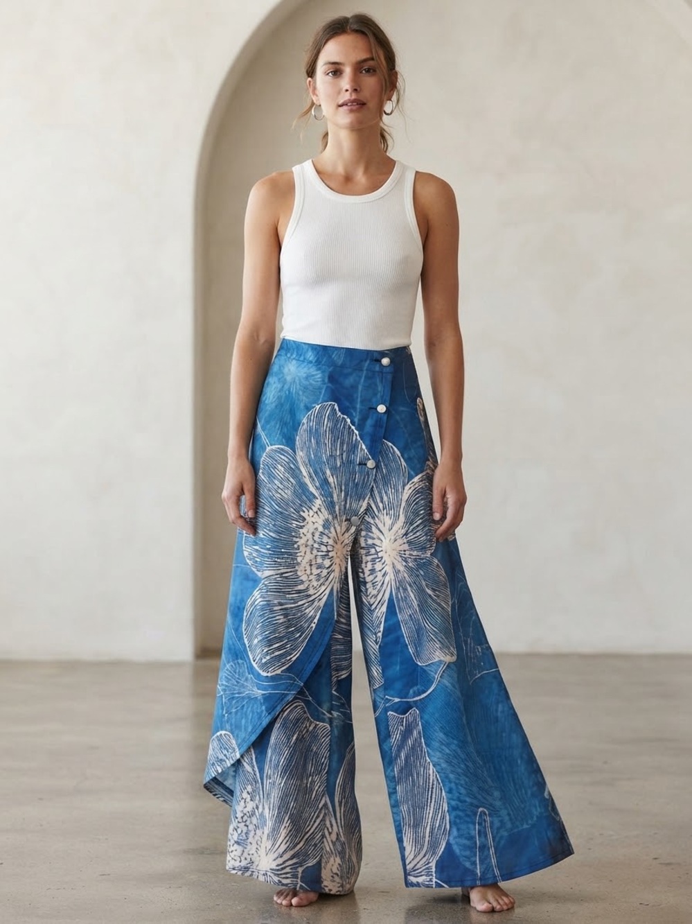 Source Unknown Blue Floral Wide-Leg Pants